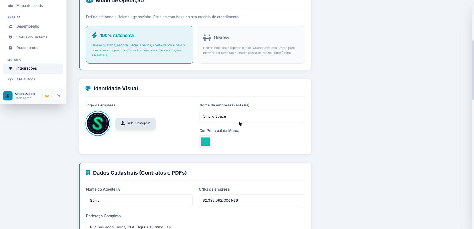 Painel de configuração da Sincro